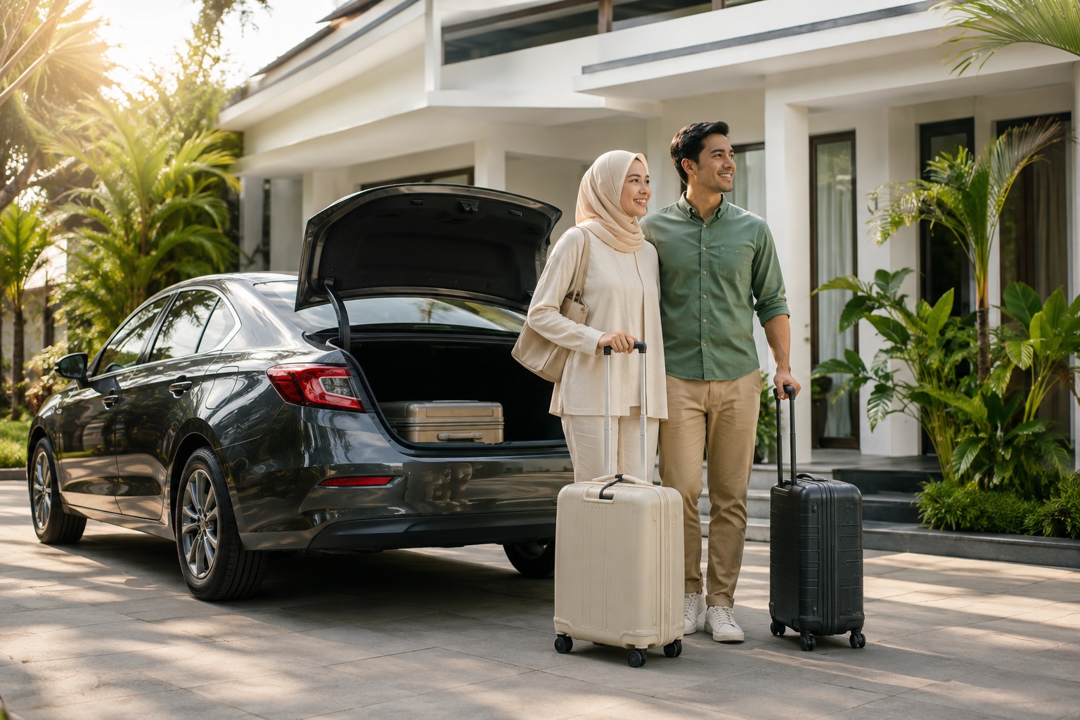 Malaysian couple preparing for travel with their car
